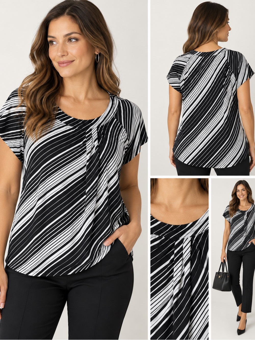 Worthington Black and White Diagonal Stripe Short Sleeve Blouse,Large